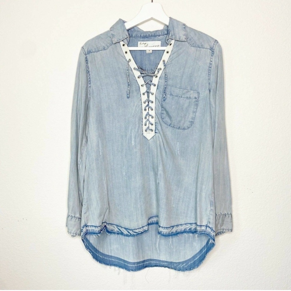 Vintage Havana Distressed Light Blue Denim Lace-Up Top